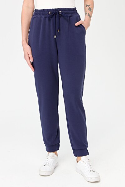 Desen Triko Kadın Paça Arkası Lastikli Cepli Eşofman Pantolon Lacivert