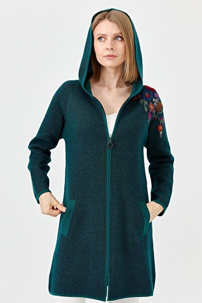 Desen Triko Women's Raglan Sleeve Embroidered Long Wool Cardigan with Embroidered Hood