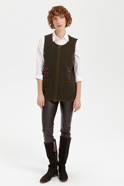 Desen Triko A.green Women's Wool Vest - Null Collar and Pocket Embroidered