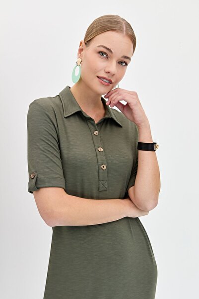 Desen Triko Γυναικείο πουκάμισο γιακά Βαμβακερό Φόρεμα Χακί