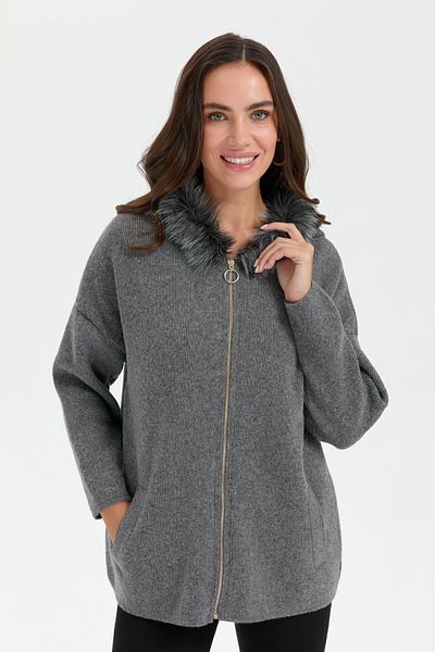Desen Triko Women's Smoked Wool Cardigan - Furry Hood and Zipper