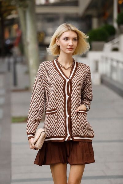 Threeco Zigzag Patterned Cardigan and Skirt Set