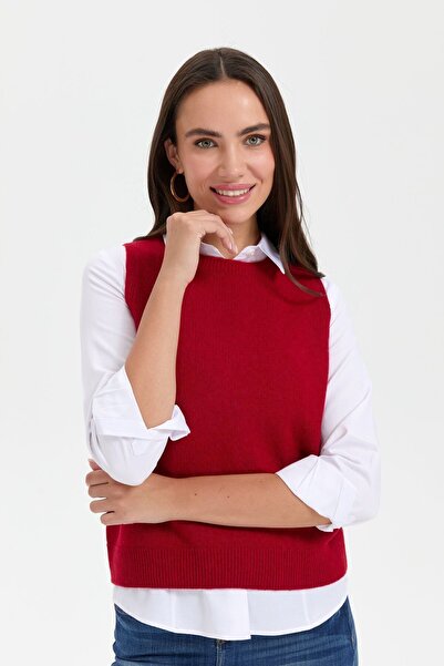 Desen Triko Kadın Sıfır Yaka Dikişsiz Cepli Yün Süveter K.Kırmızı