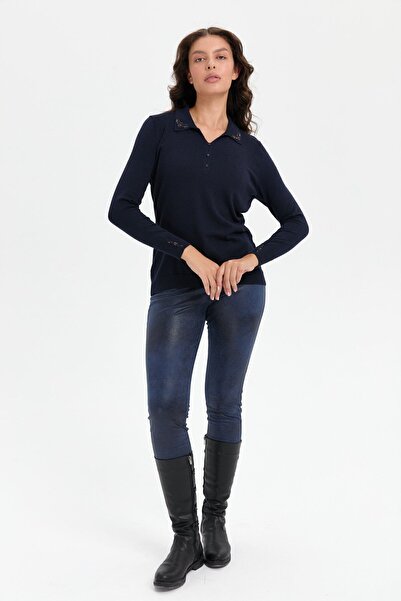 Desen Triko Γυναικεία κεντημένη μπλούζα με γιακά πόλο Navy Blue