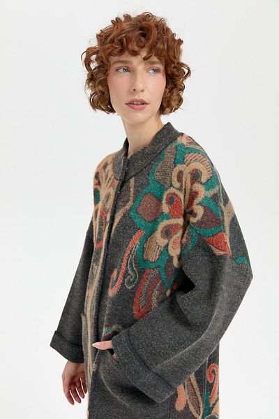 Desen Triko Smoke Colored Women's Poncho - Stand Collar and Large Flower Pattern