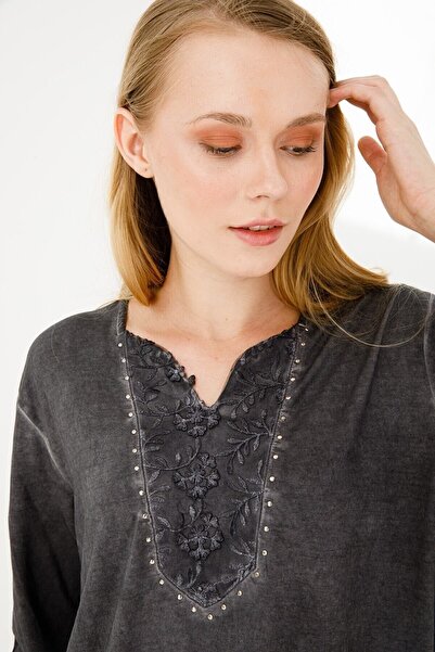 Desen Triko Γυναικεία μπλούζα με ανοιχτό γιακά με μανίκια τριών τετάρτων με δαντέλα από βαμβακερή μπλούζα μαύρη