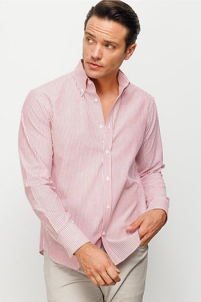 Desen Triko Men's Button Collar 100% Cotton Longitudinal Stripe Patterned Regular Mid-Cut Shirt Red