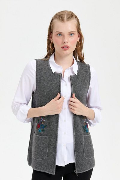 Desen Triko Smoke Color Women's Wool Vest - Null Collar and Pocket Embroidered