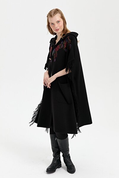 Desen Triko Black Embroidered Hooded Women's Poncho - Tasseled Side Detail