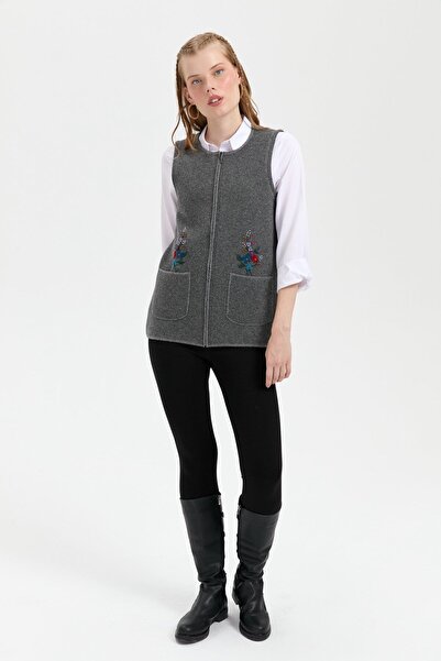Desen Triko Smoke Color Women's Wool Vest - Null Collar and Pocket Embroidered