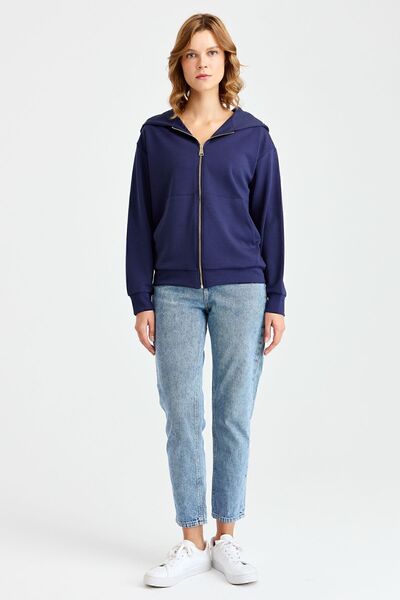 Desen Triko Women's Hooded Mesh Sweat with Side Pockets Navy Blue