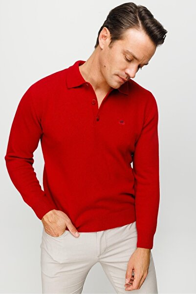 Desen Triko Men's Polo Collar Classic Wool Sweater Red