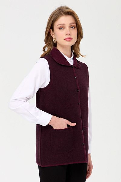 Desen Triko Vestă de lână croșetată pentru damă, guler și buzunar, roșu, prune