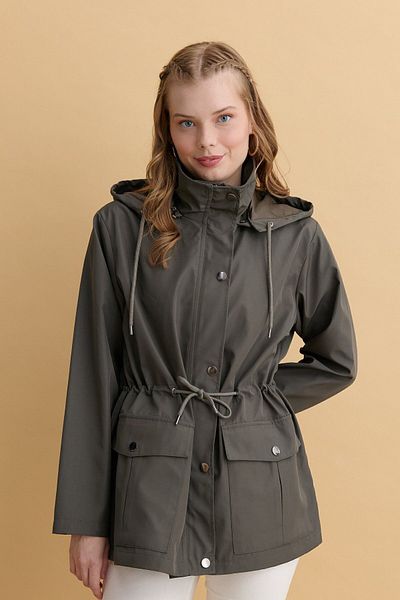 Desen Triko Green Short Trench Coat - Hooded and Flap Pocket