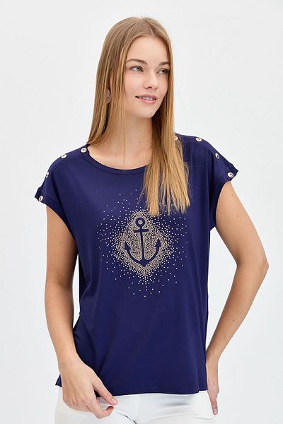 Desen Triko Women's Crew Neck Front Jewelled Anchor T-shirt Navy Blue