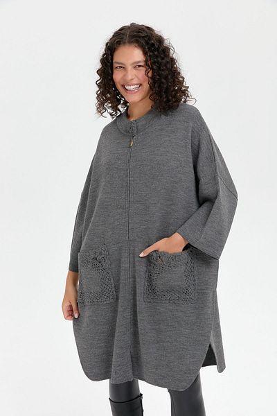Desen Triko Gray Melange Women's Poncho - Stand Collar, Rose Embroidered Zipper
