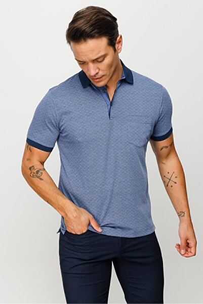 Desen Triko Ανδρικό μπλουζάκι με γιακά πόλο με τσέπη Jacquard Navy Blue