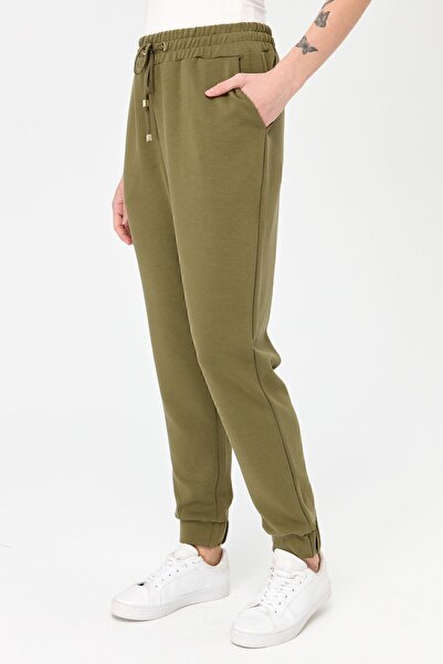 Desen Triko Kadın Paça Arkası Lastikli Cepli Eşofman Pantolon Haki