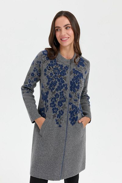 Desen Triko Women's Long Wool Cardigan with Smoke Color - Stand Collar and Floral Print