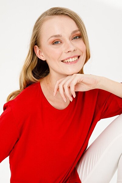 Desen Triko Women's Crew Neck Long Sleeve Basic Combed Cotton Blouse Red