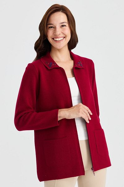 Desen Triko Women's Polo Collar with Lace Embroidered Wool Cardigan