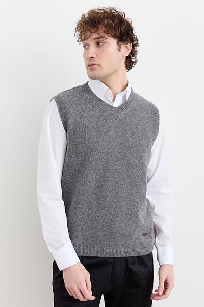 Desen Triko Men's V-Neck Thick Classic Wool Sweater Smoked