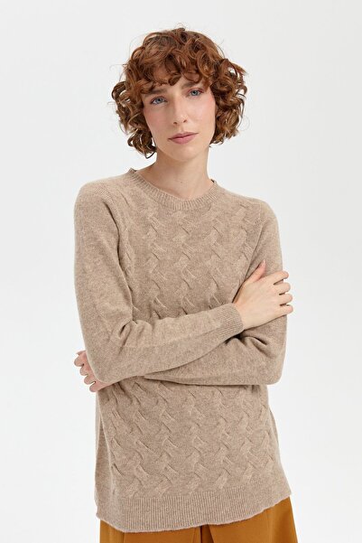 Desen Triko Beige Women's Woolen Sweater - Null Collar, Hair Braid, Seamless
