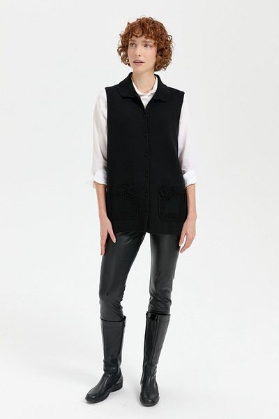 Desen Triko Black Women's Polo Collar Short Wool Vest - Buttoned
