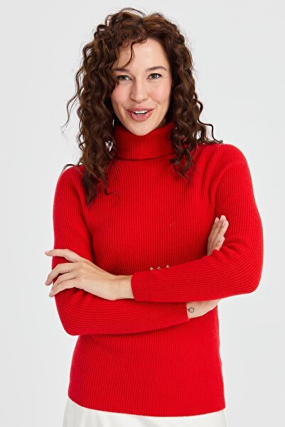 Desen Triko Women's Full Turtleneck Sleeve Buttoned Wool Sweater Coral