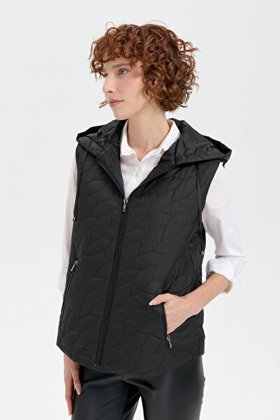 Desen Triko Leaf Patterned Hooded Black Women's Vest