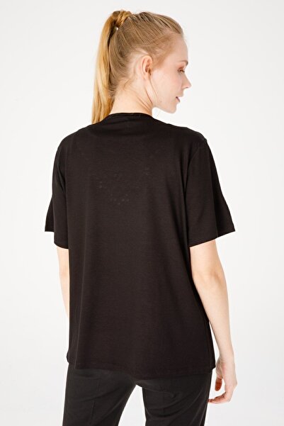 Desen Triko Women's Crew Neck Short Sleeve Stone Printed Combed Cotton Blouse Black