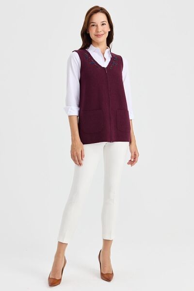 Desen Triko Kadın V Yaka Kenarı Dantel İşlemeli Yün Yelek K.Mürdüm