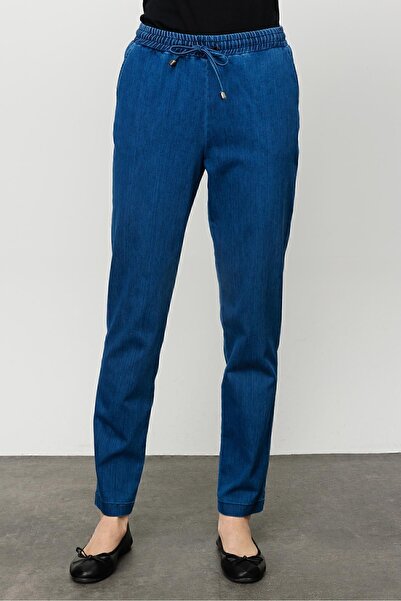 Desen Triko Women's Lace-Up Elastic Waist Jean Trousers Blue