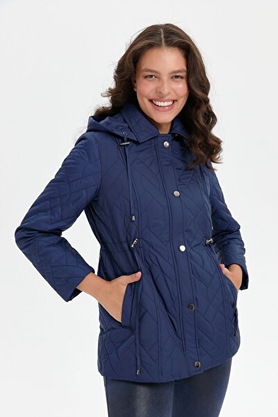 Desen Triko Γυναικείο καπιτονέ παλτό Navy Blue - Με κουκούλα και κορδόνι στη μέση