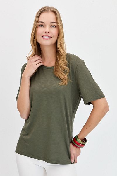 Desen Triko Tricou de damă cu gât evazat din material pieptănat kaki