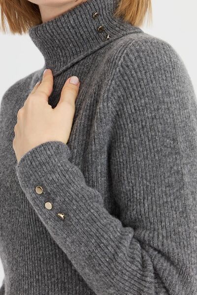 Desen Triko Women's Full Turtleneck Buttoned Wool Sweater Smoked