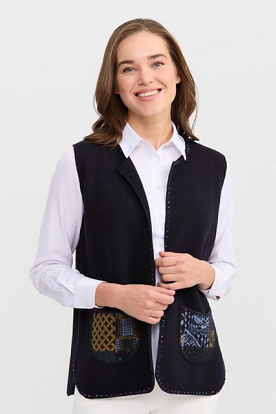Desen Triko Vesta Scurta brodată damă Decolteu Crew Stone Water Stone Albastru Inchis