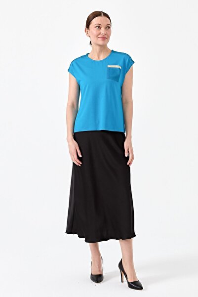 Desen Triko Women's Crew Neck Low Sleeve Glitter T-shirt Turquoise