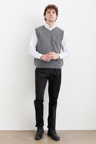 Desen Triko Men's V-Neck Thick Classic Wool Sweater Smoked