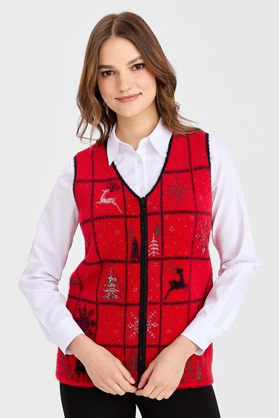 Desen Triko Vestă de damă, cu decolteu în V, cu model de Anul Nou, roșu