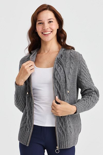 Desen Triko Women's Hooded Hair Walking Braided Wool Cardigan Smoked