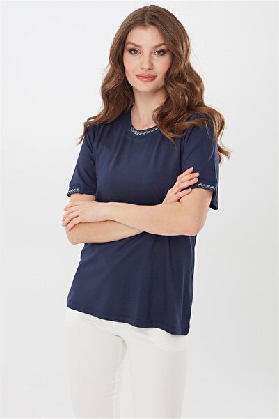Desen Triko Γυναικεία Βαμβακερή Μπλούζα με Κοντό Μανίκι Κεντημένη Στολή Navy ...