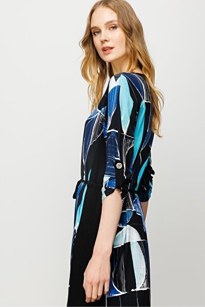 Desen Triko Kadın Sıfır Yaka Çizgili Renkli Desenli Penye Elbise Lacivert