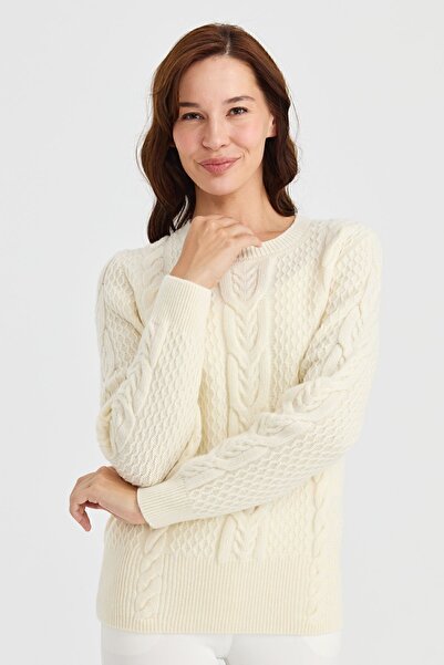 Desen Triko Women's Zero Collar Medium Hair Knitted Wool Sweater Bone