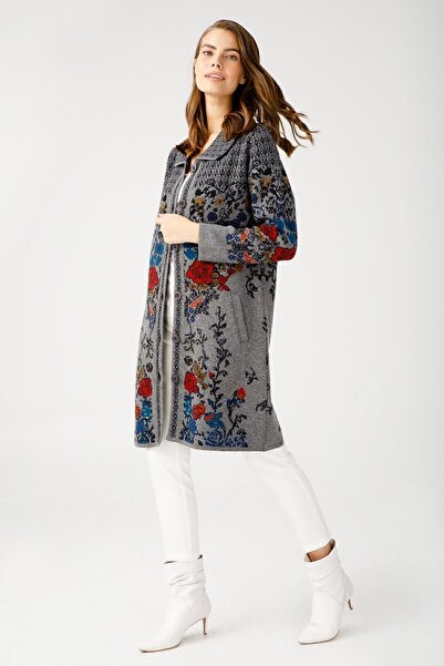 Desen Triko Women's Polo Neck Patterned Coat Smoked