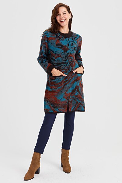 Desen Triko Kadın Dik Yaka Renkli Dalga Desenli Uzun Yün Hırka K.kahve