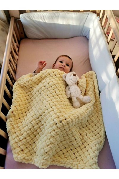 Gümüş Düğme Hasır El Örgüsü Anti Alerjik Bebek Battaniyesi 90 X 90 Cm
