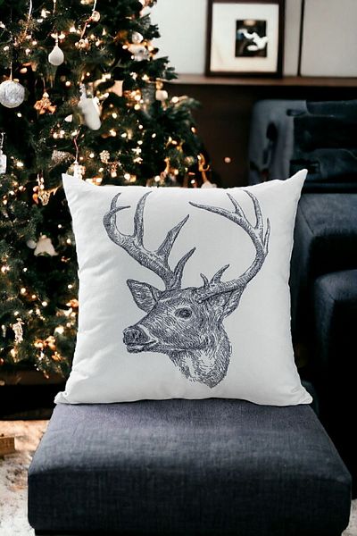 ÖZENEV 43X43 New Year Throw Pillow Cover White Black Deer Pattern New Year Christmas Happy New Year