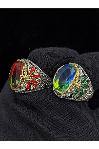 Senin Silver Yaprak Modelli Yeşil-Kırmızı İkili Yüzük Seti 925 Ayar Erkek Güm...