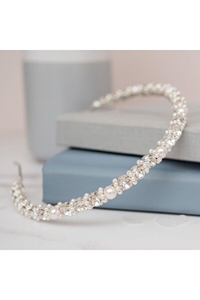 modernist Gümüş İncili & Zirkon Taşlı Özel Gün Gelin Tacı